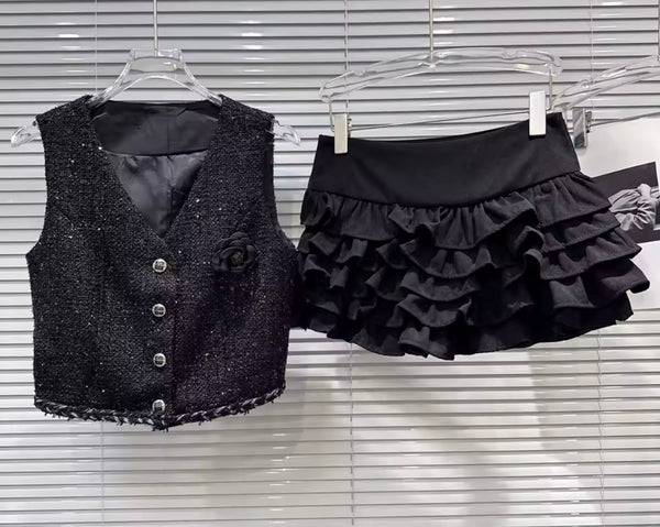 Women Black Button Up Tweed Vest Two Piece Ruffled Skirt Set