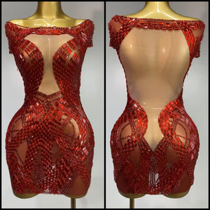 Women Sexy Sleeveless Red Crystal Mesh Dress