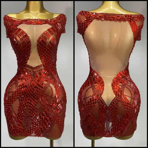 Women Sexy Sleeveless Red Crystal Mesh Dress