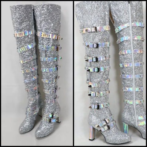 Women Silver Fashion Buckled Over The Knee Boots