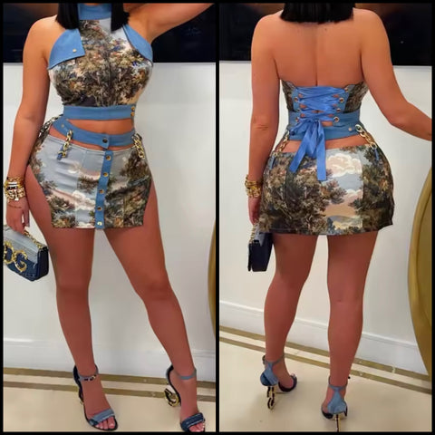 Women Sexy Halter Sleeveless Printed Denim Patchwork Two Piece Skirt Set