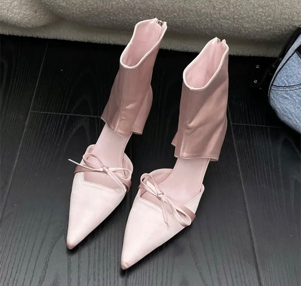 Women Fashion Pointed Toe Bow High Heel Ankle Boots