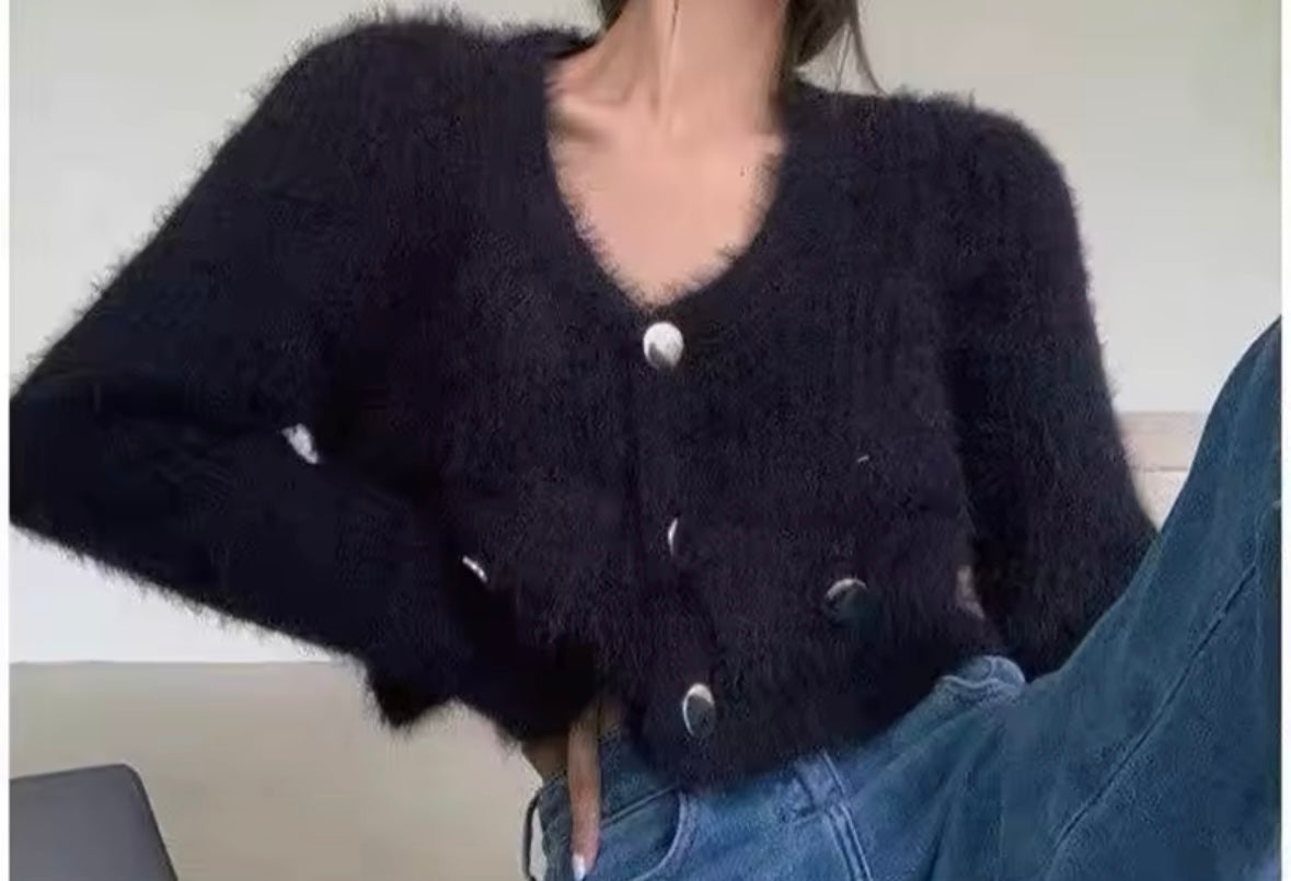 Women Color Button Up Furry Fashion Sweater Top