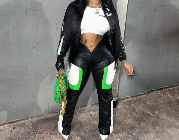 Women Fashion Color Patchwork Faux Leather Pants