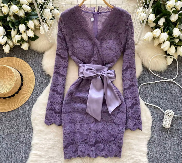 Women Sexy Full Sleeve Tie Up Sash Lace Dress