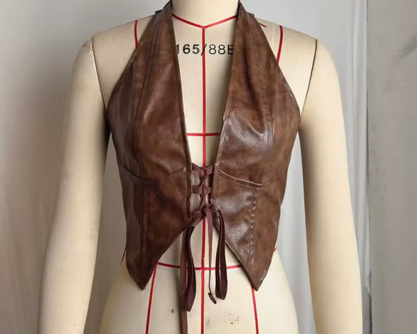 Women Sexy Fashion Faux Leather Halter Lace Up Top