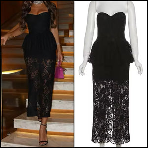 Women Black Sexy Strapless Lace Maxi Dress