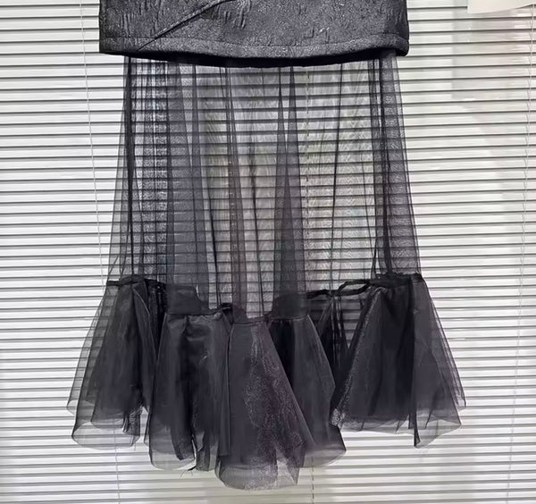 Women Buckled Ruffled Mesh Black Fashion Skirt