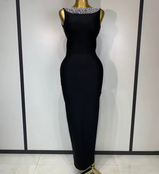 Women Sexy Rhinestones Pearl Open Back Maxi Dress