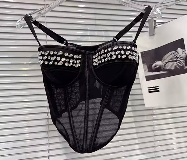 Women Rhinestone Sleeveless Mesh Two Piece PU Short Set