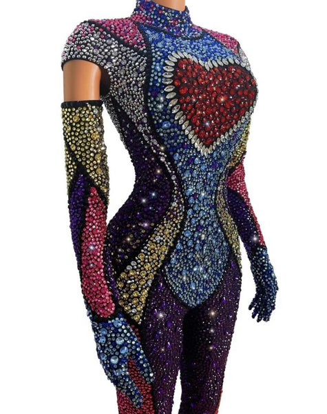 Women Multicolored Crystal Glove Fashion Jumpsuit