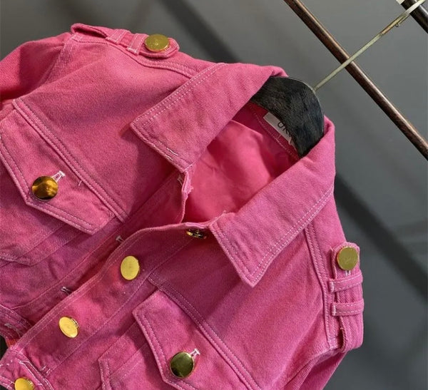 Women Pink Gold Button Belted Fashion Denim Jacket