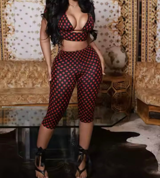 Women Sexy Fashion Polka Dot Crop Three Piece Capri Pant Set