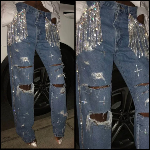 Women Fashion Ripped Rhinestone Tassel Denim Pants