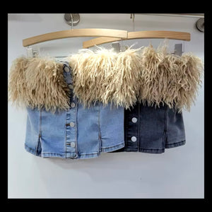 Women Sexy Fashion Strapless Fur Button Up Denim Crop Top