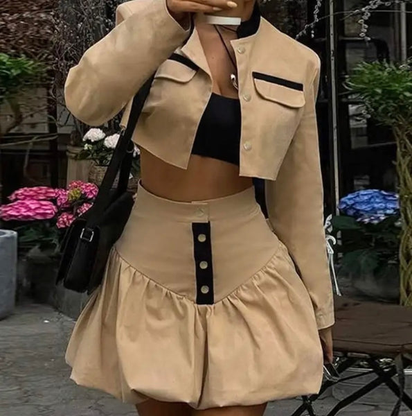 Women Sexy Fashion Full Sleeve Khaki Two Piece Skirt Set