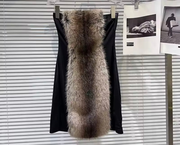 Women Sexy Strapless Faux Fur Patchwork Dress