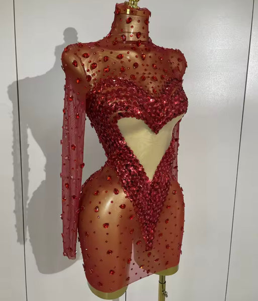 Women Sexy Turtleneck Full Sleeve Crystal Heart Mesh Dress