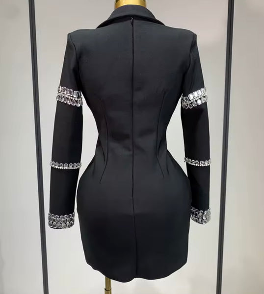 Women Sexy Black Button Up Crystal Full Sleeve Blazer Dress