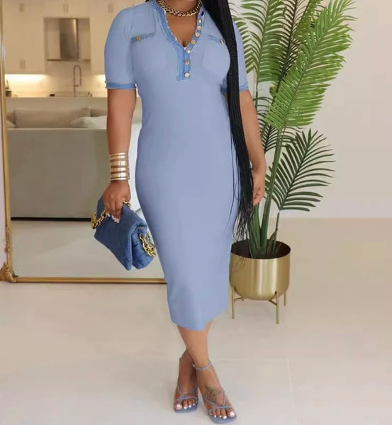 Women Sexy Fashion Short Sleeve Denim Patchwork Maxi Dress