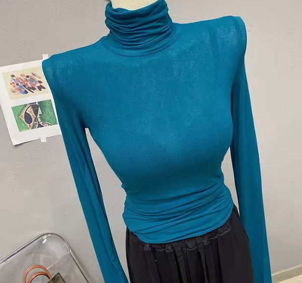 Women Fashion Turtleneck Full Sleeve Mesh Top