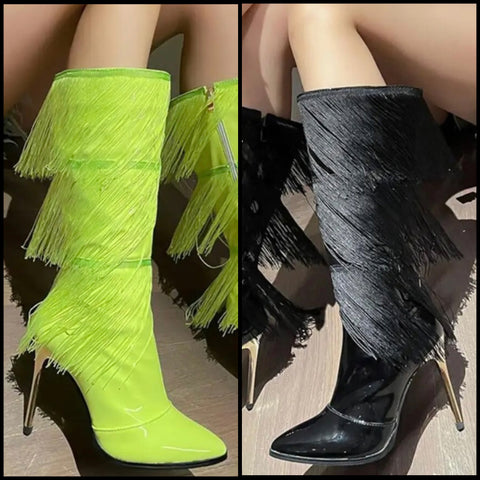 Women Pointed Toe Patent Leather Tassel Fashion Boots