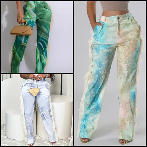 Women Fashion Printed Tassel Wide Leg Pants