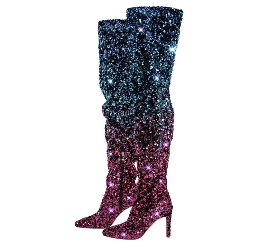 Women Over The Knee Color Patchwork Sequins Fashion Boots