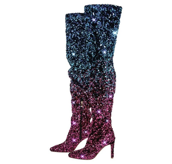 Women Over The Knee Color Patchwork Sequins Fashion Boots