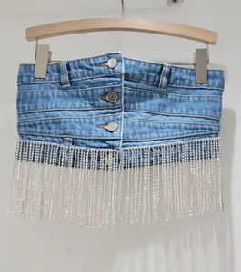 Women Fashion Button Up Strapless Tassel Denim Crop Top