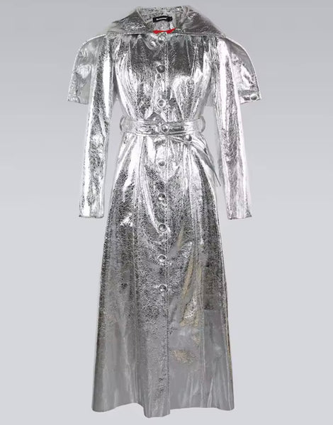 Women Metallic Hooded Fashion Trench Faux Leather Jacket