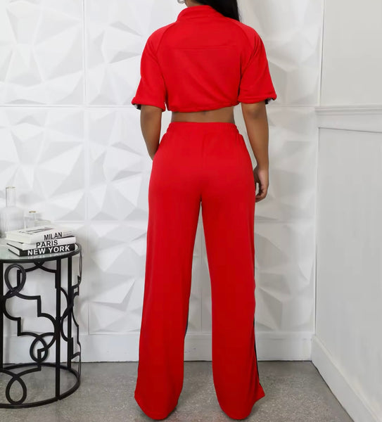 Women Fashion Color Patchwork Zip Up Short Sleeve Two Piece Pant Set