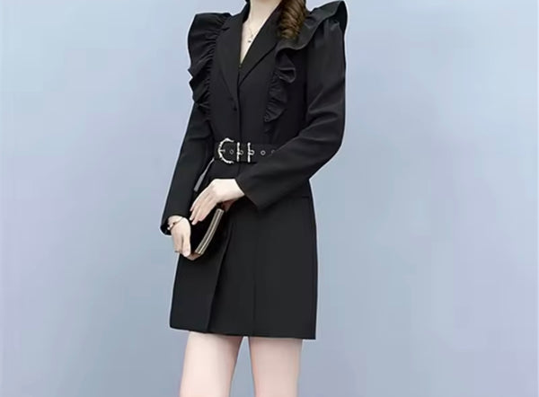 Women Color Fashion Ruffle Belted Trench Jacket