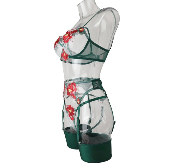 Women Sexy Green Floral G-String Lingerie Set