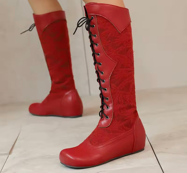 Women Fashion Floral Lace Up Flat Knee High Boots
