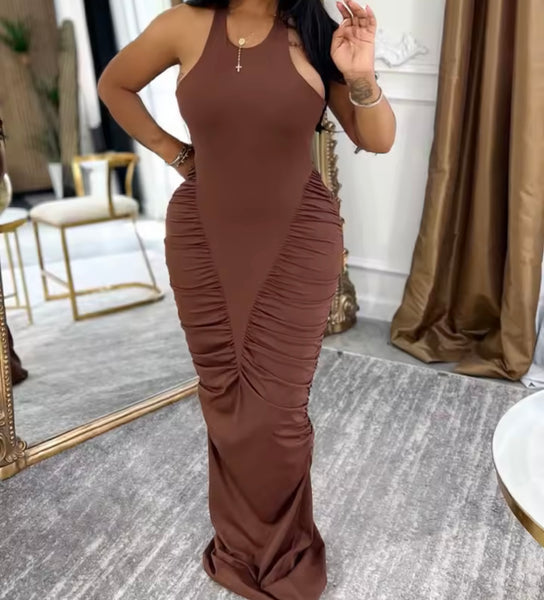 Women Sexy Color Sleeveless Ruched Maxi Dress