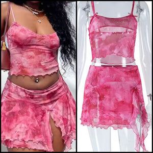 Women Sexy Sleeveless Pink Tie Dye Two Piece Skirt Set