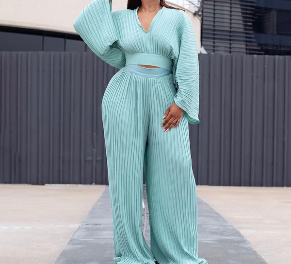 Women Sexy Fashion Full Sleeve Pleated Two Piece Pant Set