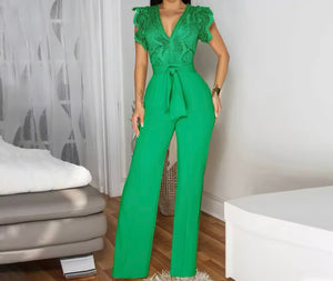 Women Sexy Lace Patchwork Short Sleeve Tie Up Jumpsuit