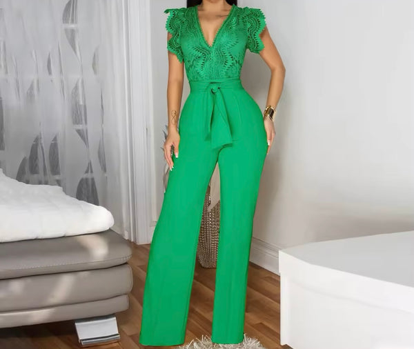 Women Sexy Lace Patchwork Short Sleeve Tie Up Jumpsuit