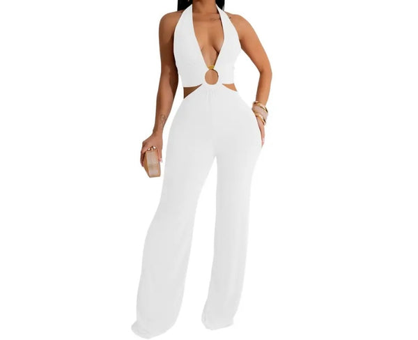 Women Sexy Sleeveless Solid Color Open Tie Up Back Jumpsuit