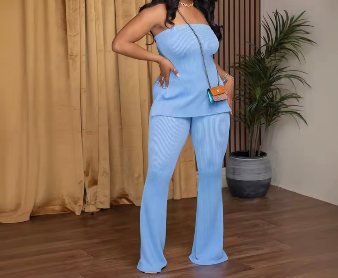 Women Ribbed Strapless Color Fashion Two Piece Pant Set
