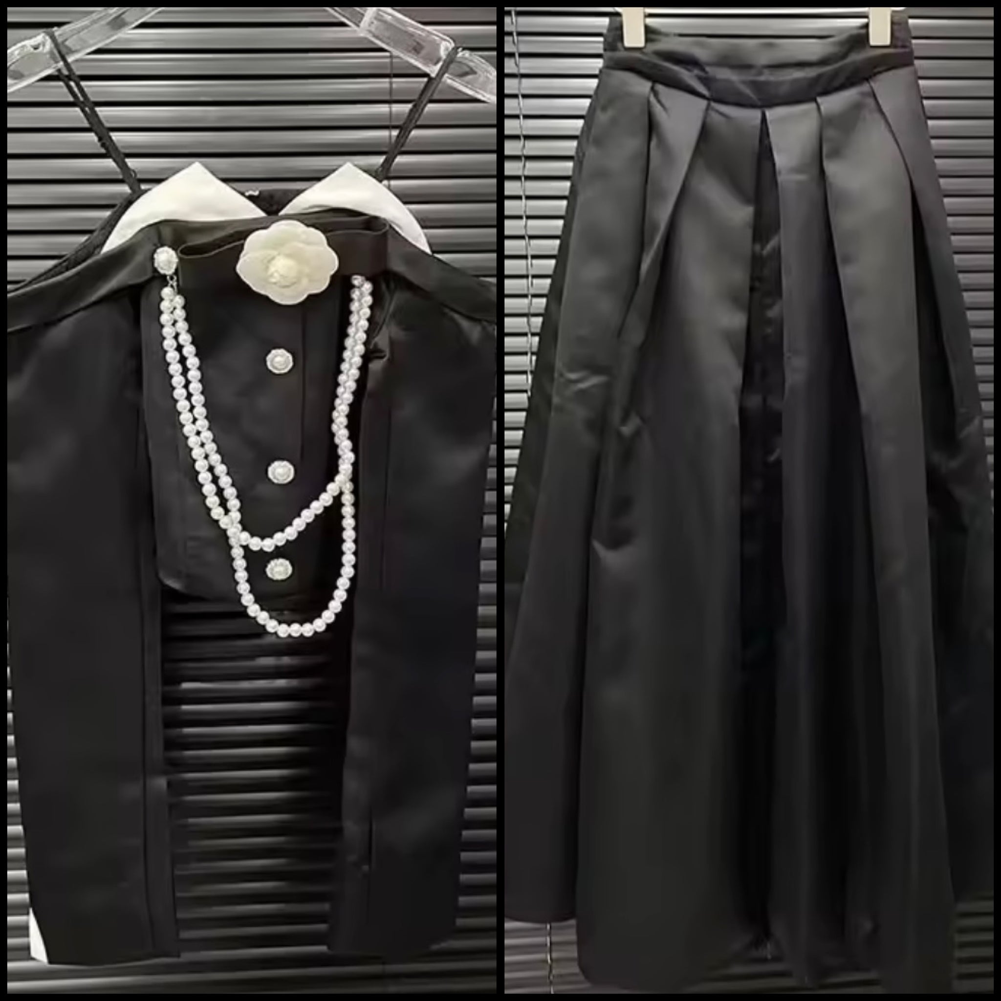 Women B&W Pearl Floral Button Up Two Piece Maxi Skirt Set