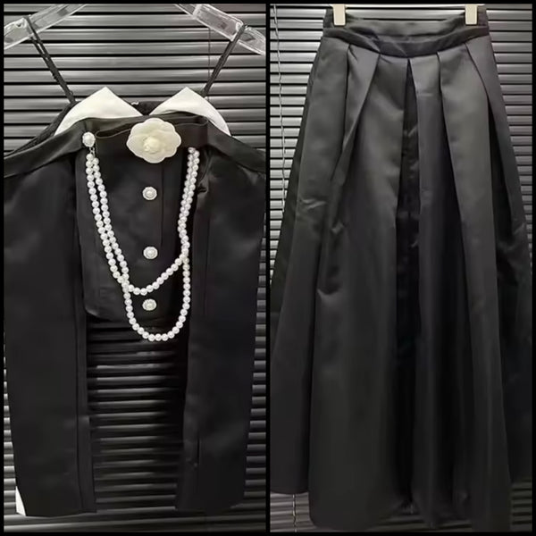 Women B&W Pearl Floral Button Up Two Piece Maxi Skirt Set