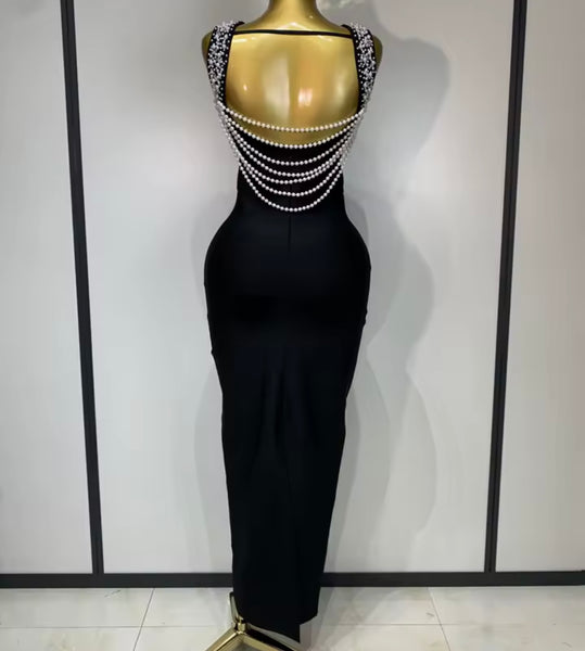 Women Sexy Rhinestones Pearl Open Back Maxi Dress