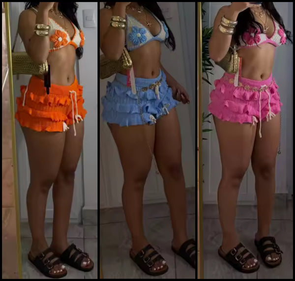 Women Sexy Halter Sleeveless Crop Two Piece Knitted Short Set