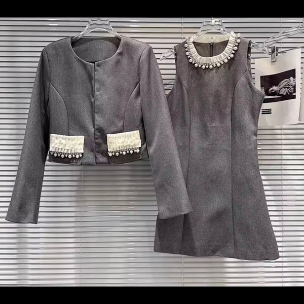 Women Gray Pearl Fashion Blazer Dress Set