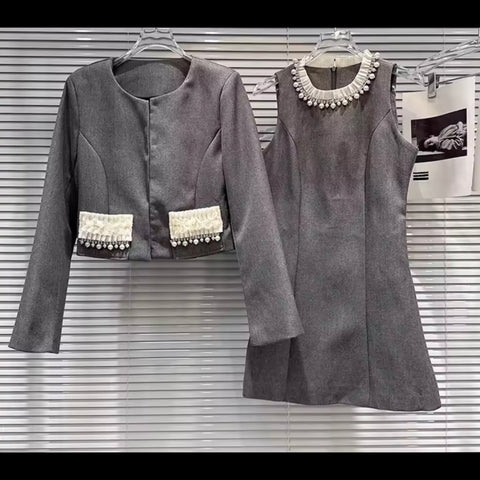 Women Gray Pearl Fashion Blazer Dress Set
