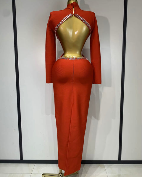 Women Sexy Red Crystal Turtleneck Open Back Maxi Dress