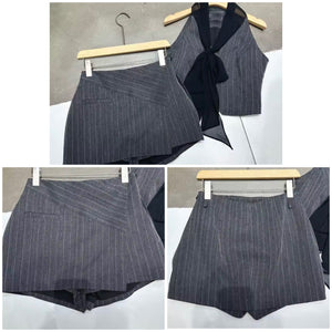 Women Sleeveless Pinstripes Two Piece Wrap Short Set